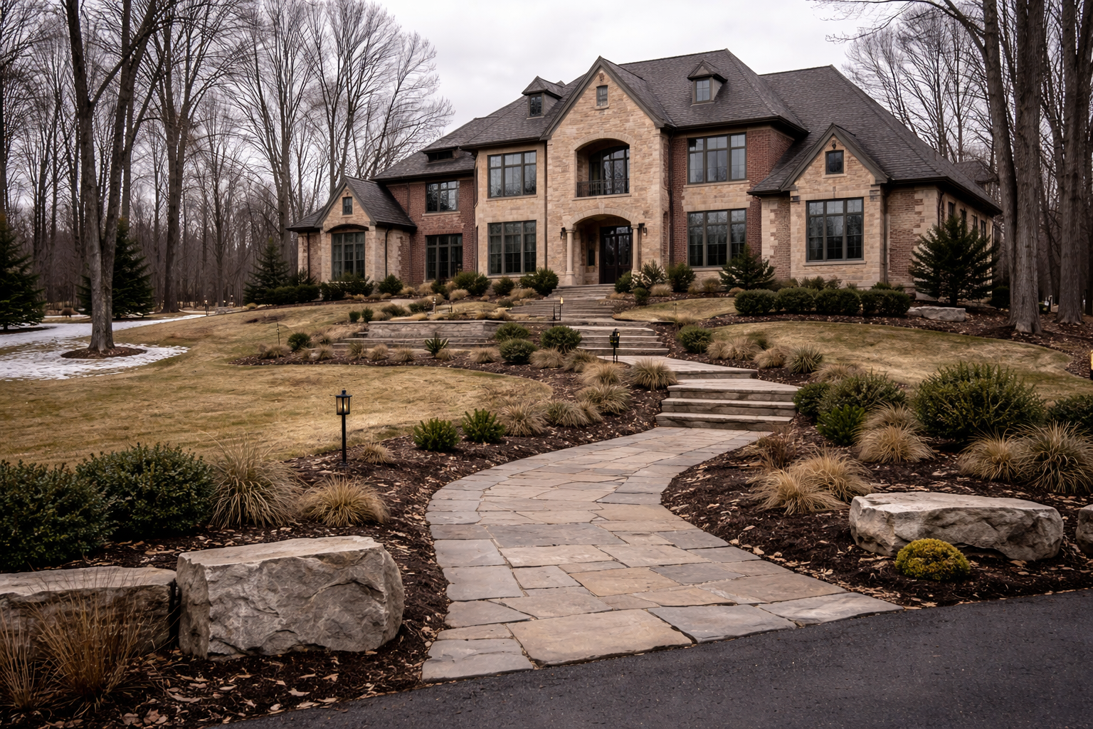 Large stone house with a curved walkway, winter landscaping, and bare trees