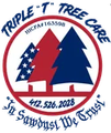 Logo for Triple "T" Tree Care with three colored trees inside a circle and a phone number.