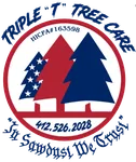 Logo for Triple "T" Tree Care with three colored trees inside a circle and a phone number.