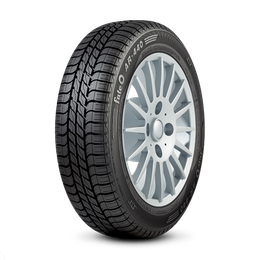 Un neumático de automóvil negro, etiquetado Fateo AR-430, montado sobre una llanta de aleación plateada.