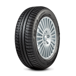 Neumático de automóvil de color negro con borde plateado; banda de rodadura visible.