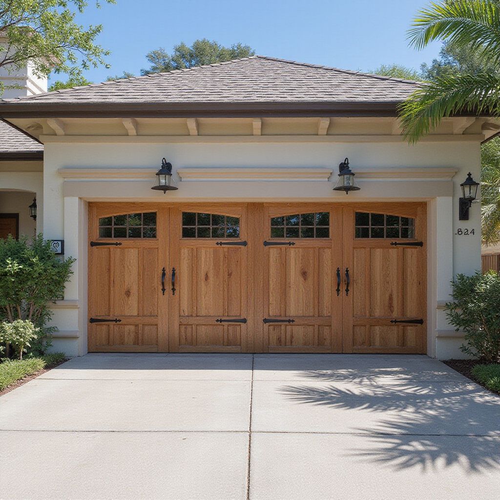 Luxury wood-look carriage house garage door with decorative arched windows and hardware in Mandarin, FL.