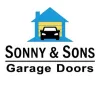 Logo, Blue house, car inside a garage. 