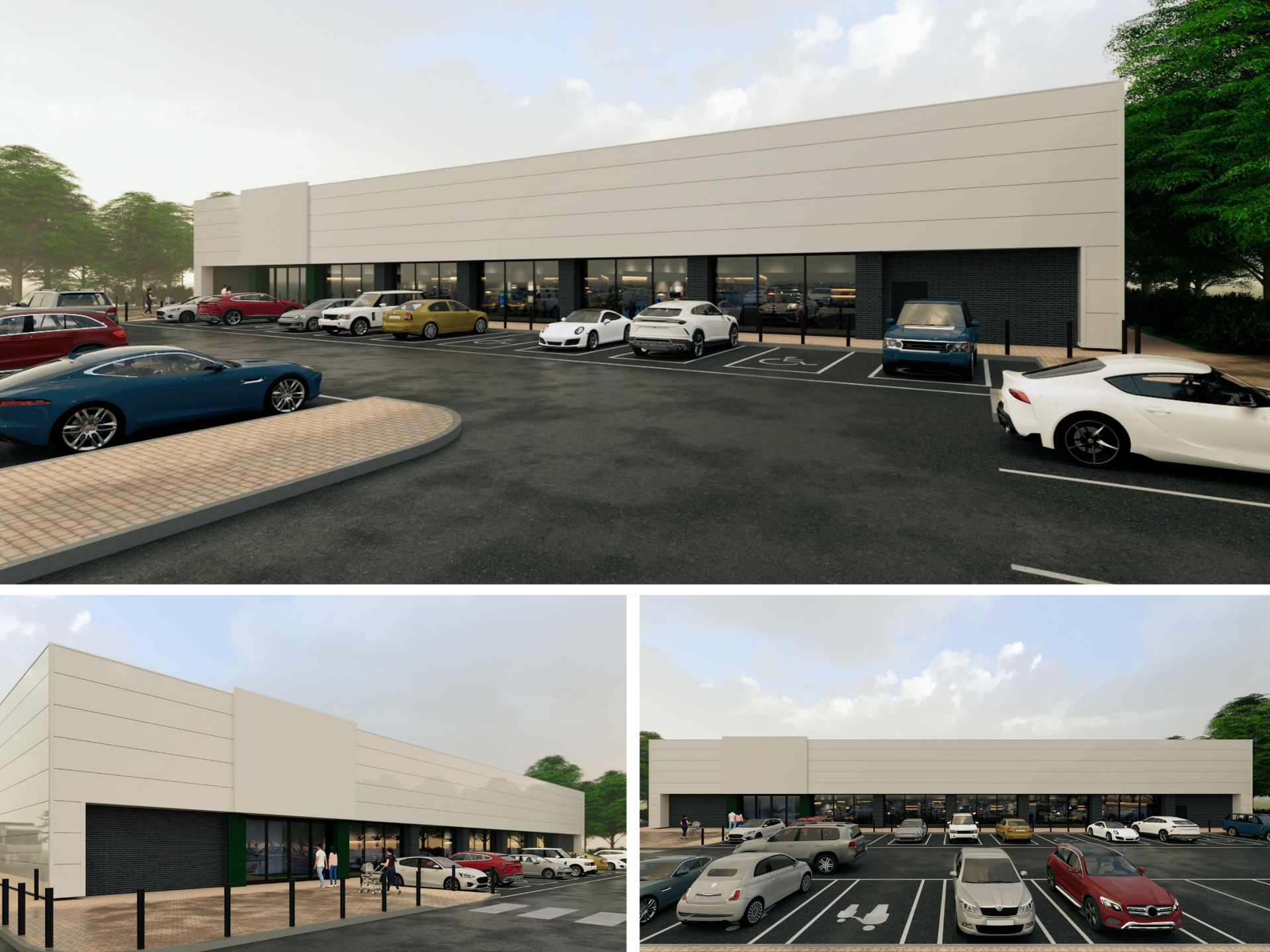 Three architectural visualisations of the proposed Marks & Spencer Foodhall, showing its frontage, pedestrian entrance and customer parking