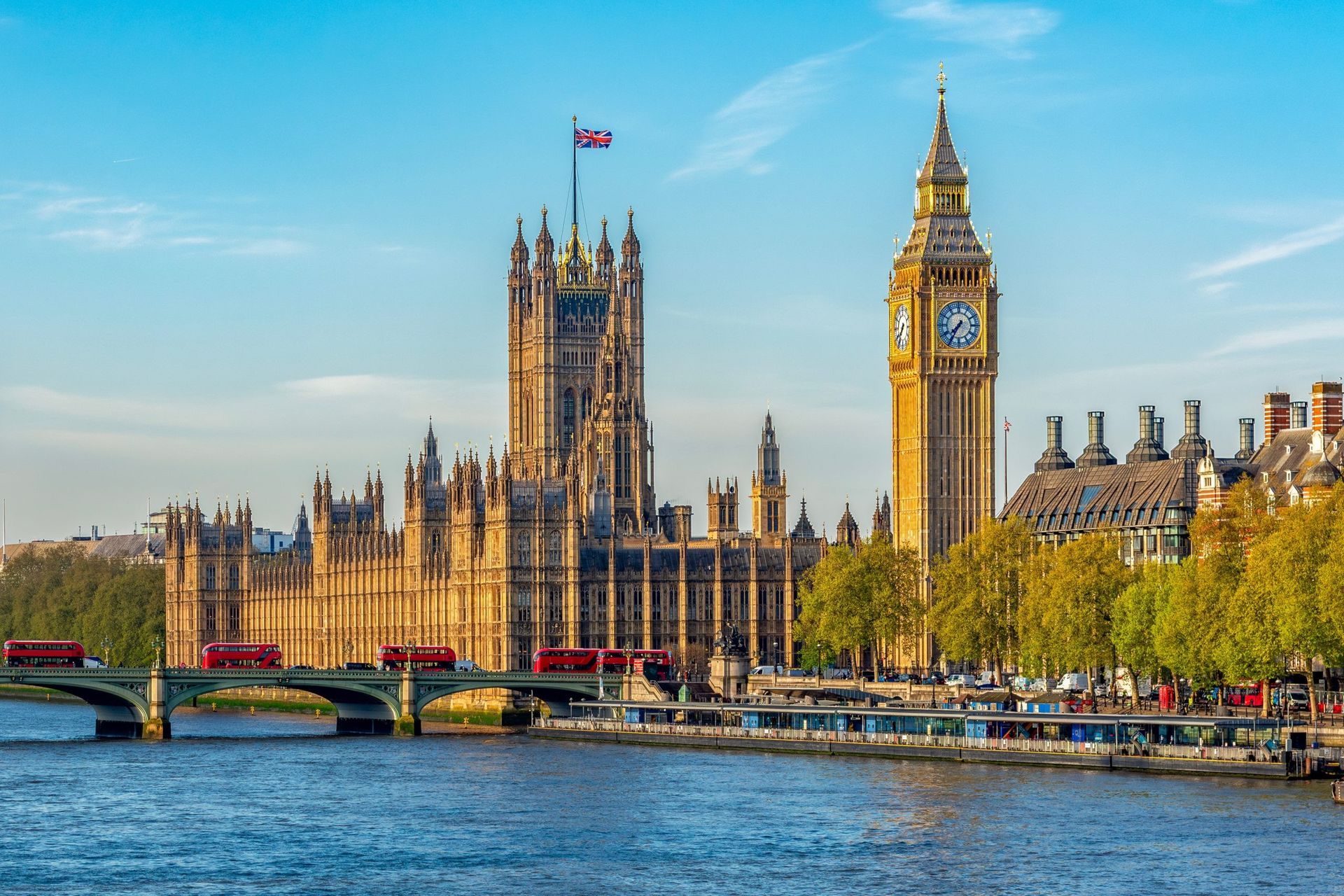 London’s Parliament and Big Ben beside the River Thames on a clear day