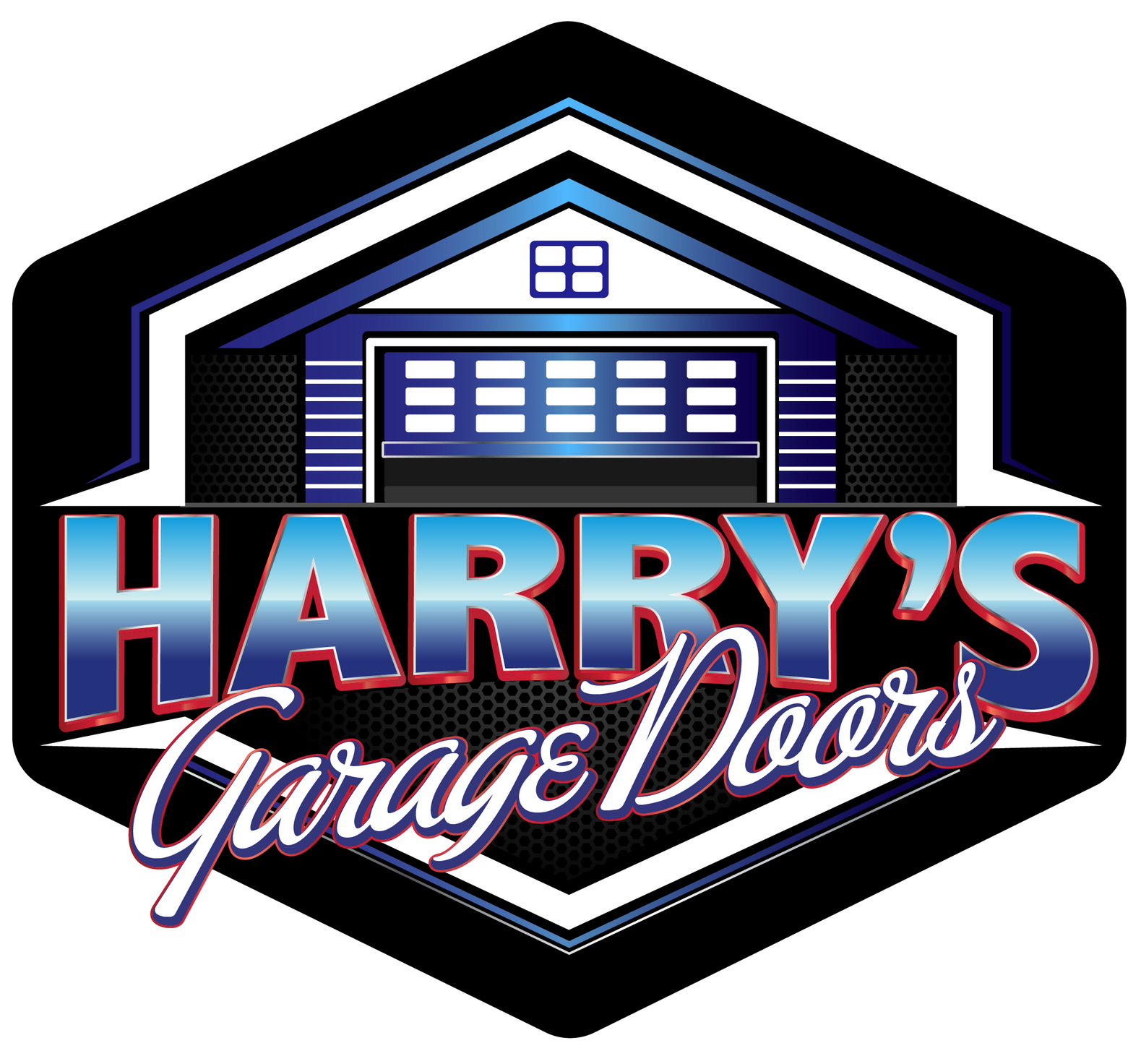 Harry's Garage Doors Harry's Garage Doors logo with stylized blue garage and red-white lettering on a black hexagon background