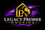 Legacy Premier Roofing logo with gold lion and purple brushstroke on black background