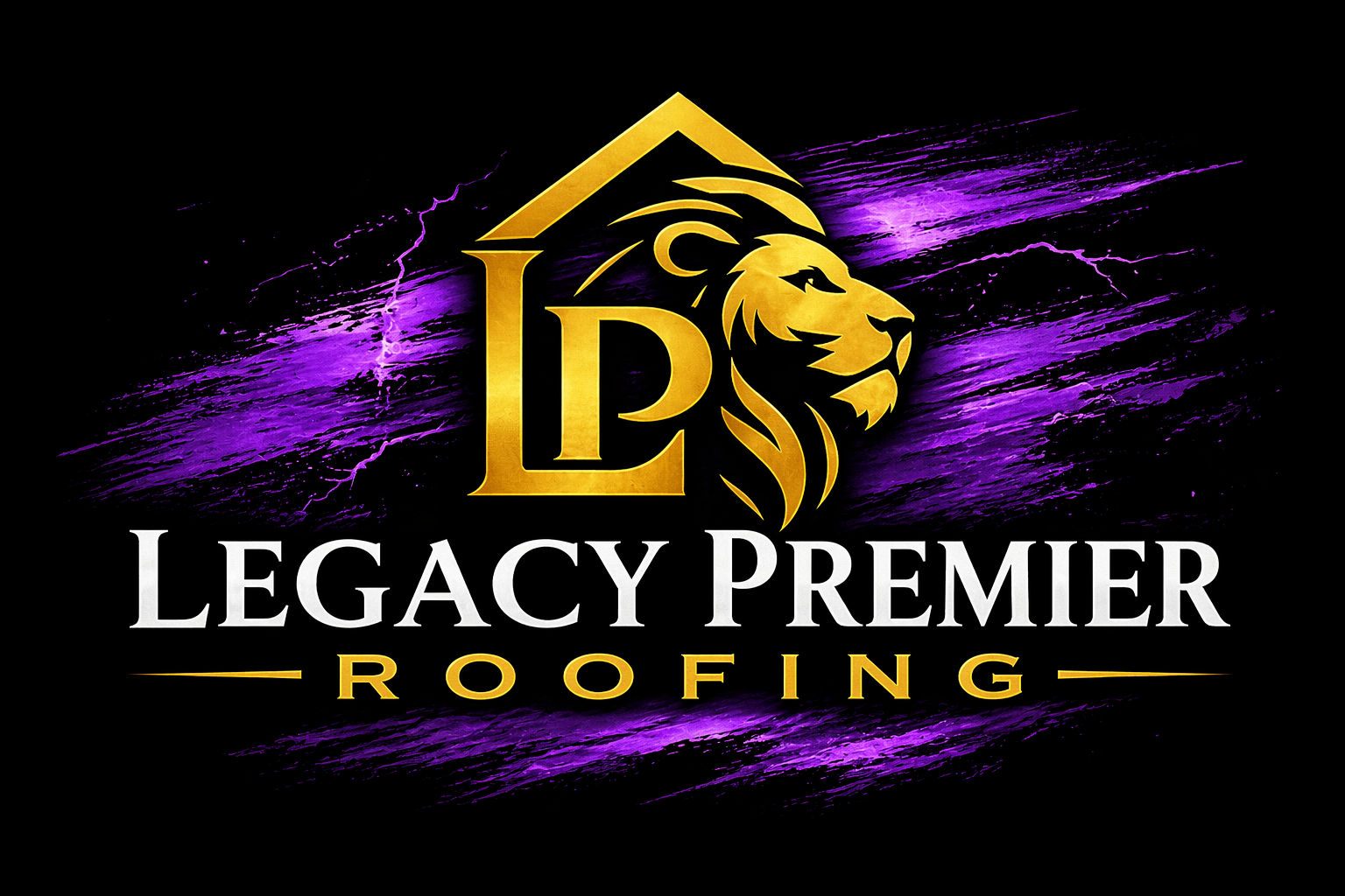 Legacy Premier Roofing logo with gold lion and purple brushstroke on black background