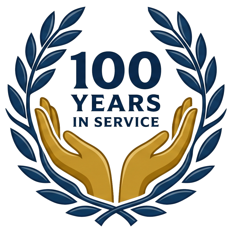 Gold hands holding a blue laurel wreath around “100 Years in Service” text