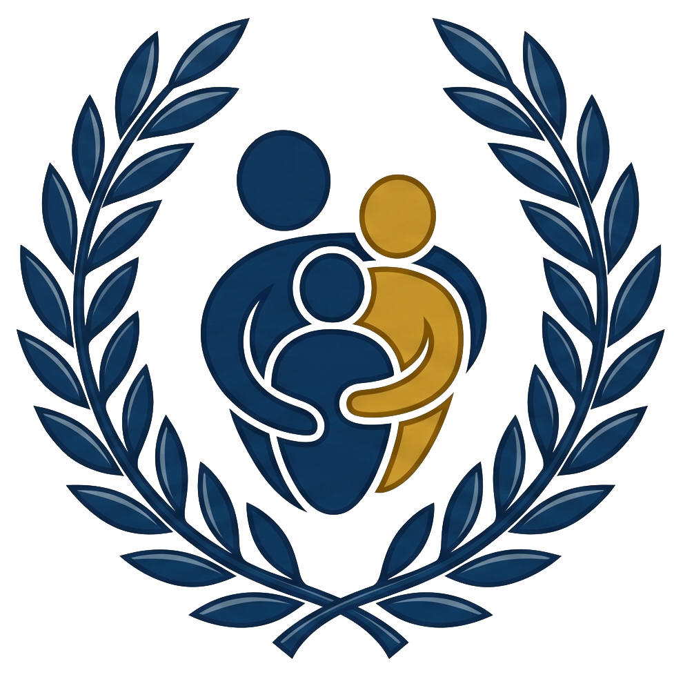 Blue and gold family emblem with three abstract figures inside a laurel wreath