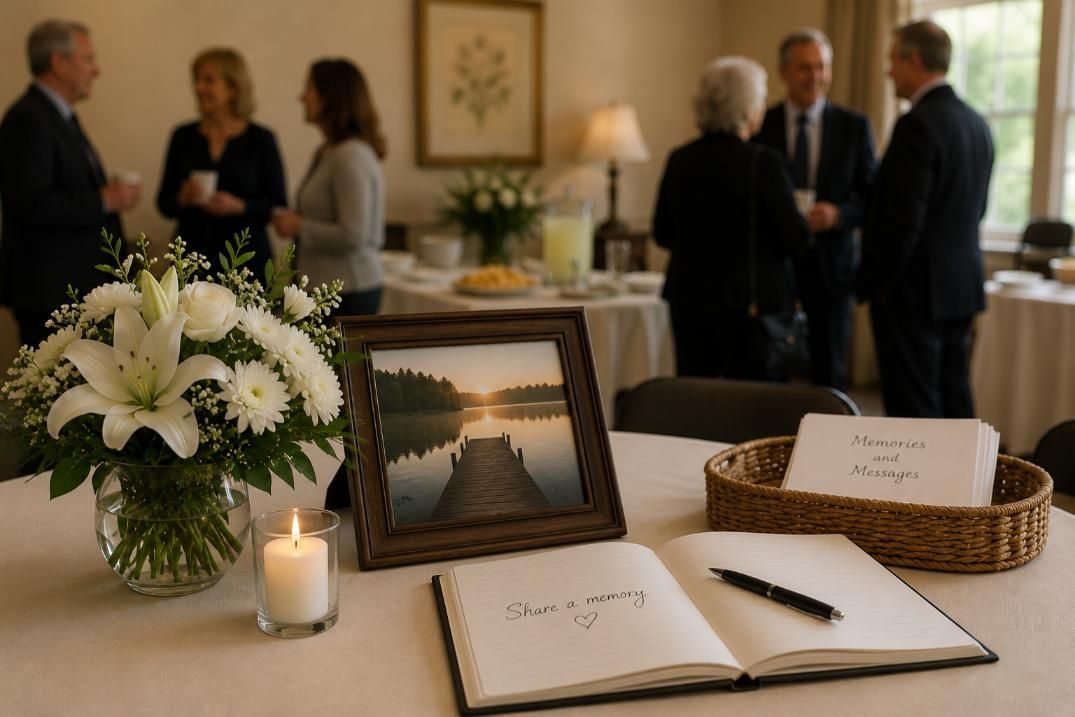 Family gathers near a memory table after a service in Jourdanton, Texas