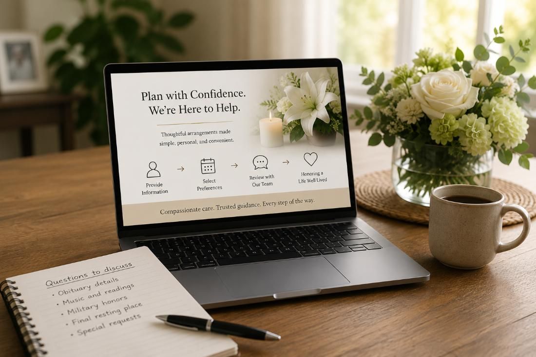 Online arrangement steps on a laptop support busy local families in Poteet funeral home.
