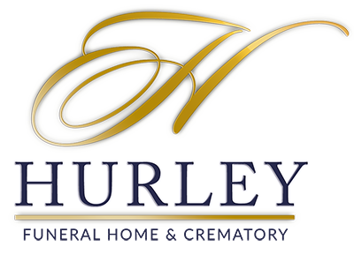 Hurley Funeral Home & Crematory logo with gold script monogram and navy text
