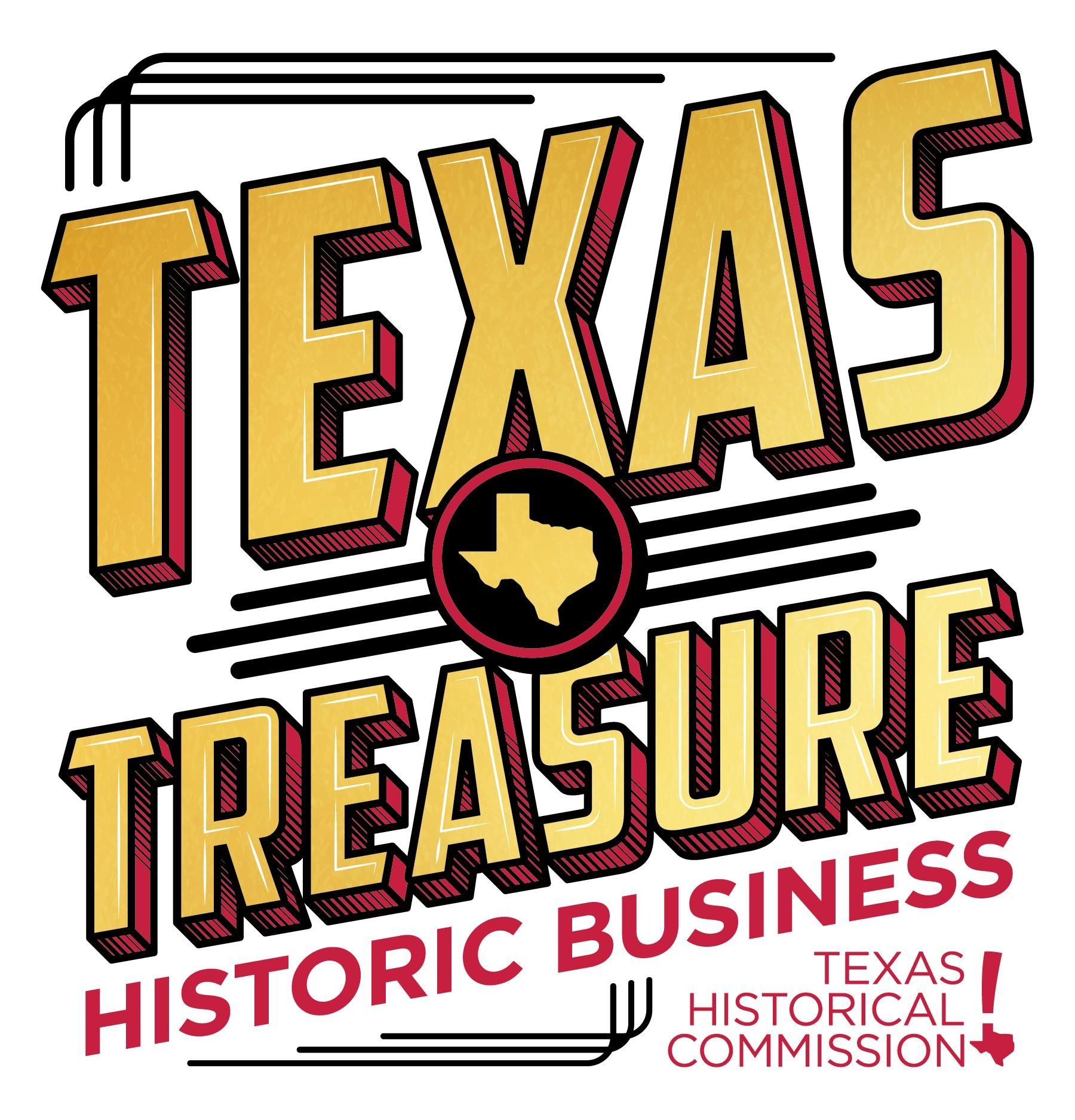 Texas Treasure Historic Business logo with bold yellow and red text and a Texas icon