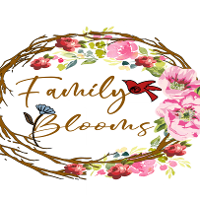 Floral wreath with “Family Blooms” text in gold script and pink flowers.