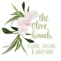 Logo with olive branches and pale pink flowers reading “the olive branch floral design & boutique”