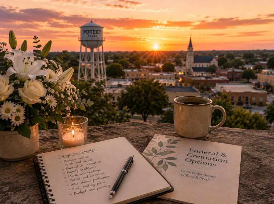 Funeral planning notes and flowers help families consider next steps after a loss in Poteet, TX