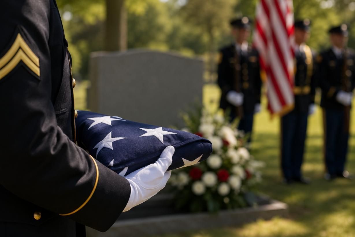 Military honor guard and folded flag mark a veteran tribute, Pleasanton, TX funeral home