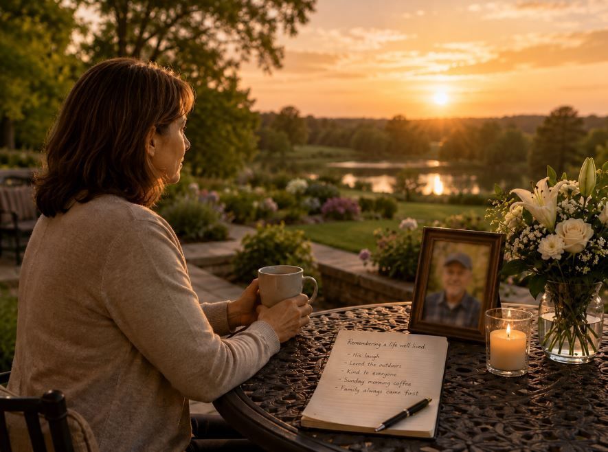 Woman reflects beside flowers and a memory table during a respectful farewell in Pleasanton, TX