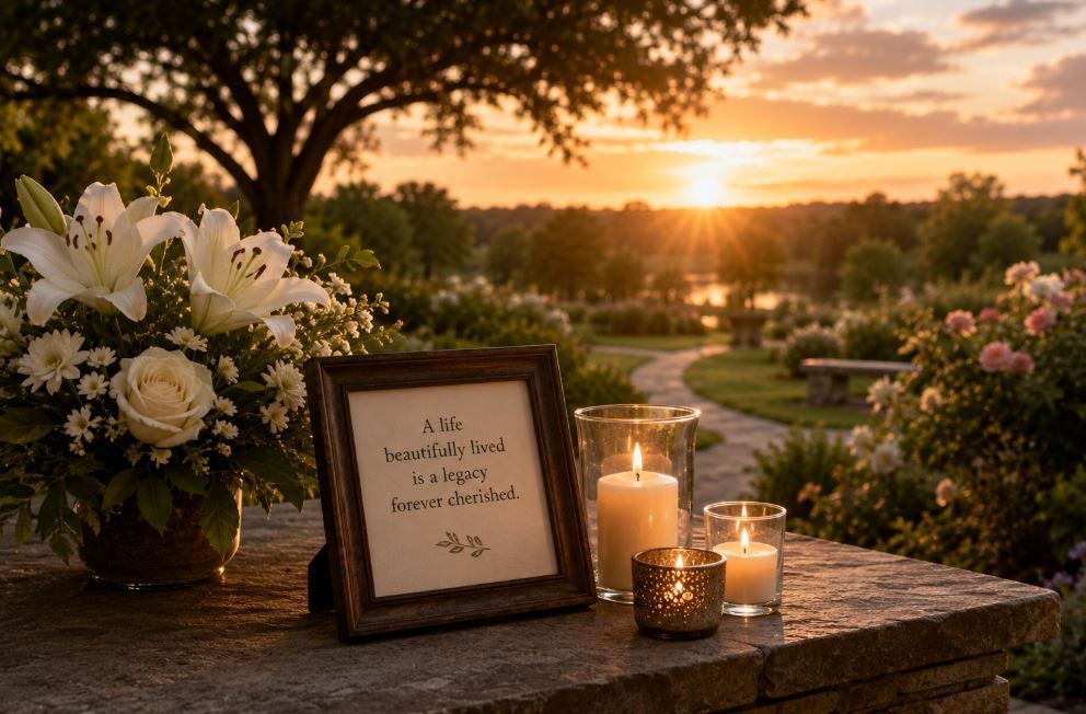 Peaceful garden memorial with flowers and candles celebrates a lasting legacy in Jourdanton, Texas