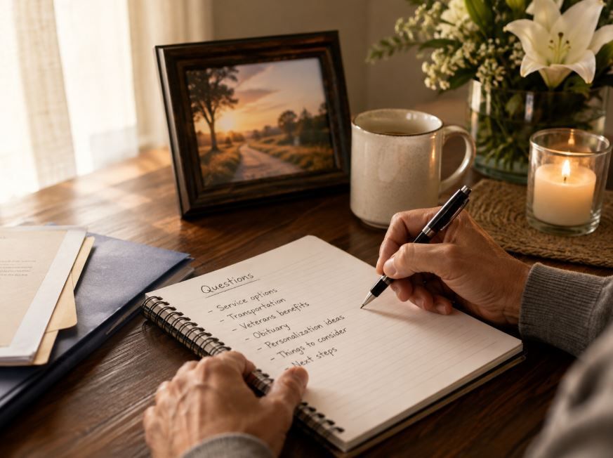 Person writes funeral questions beside flowers and a candle while planning next steps in Poteet, TX