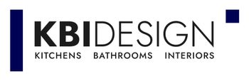 Logo for KBI Design, Kitchens, Bathrooms, Interiors. Features navy blue vertical bar and square.