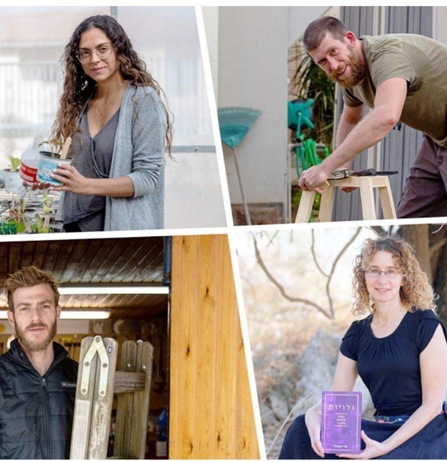 Four people in various outdoor settings: planting, woodworking, standing by a shed, holding a book.