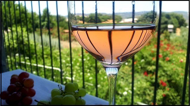 Glass of rose wine with reflections, grapes, and a scenic green background.