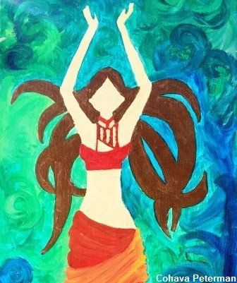 Woman dancing, arms raised, against a swirl of blue and green. She wears a red top and skirt.