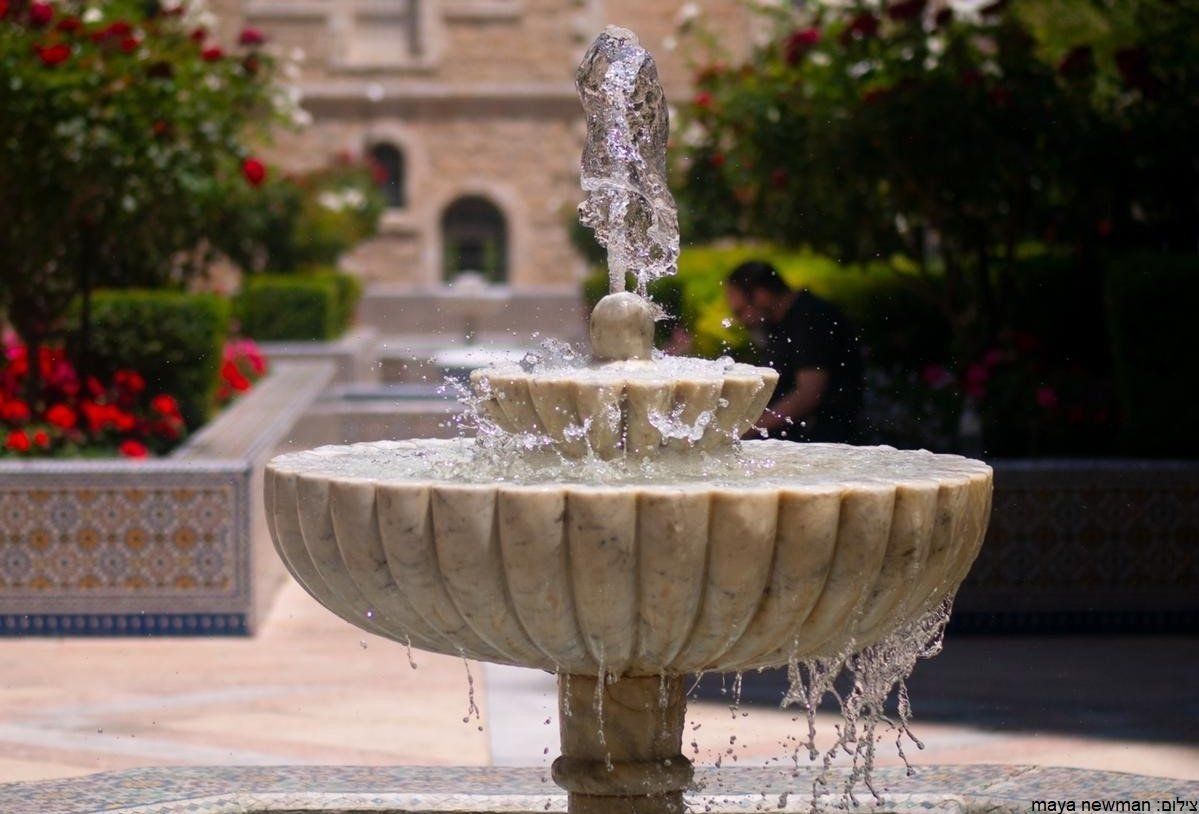 Tiered marble fountain sprays water, red roses and greenery in the background.