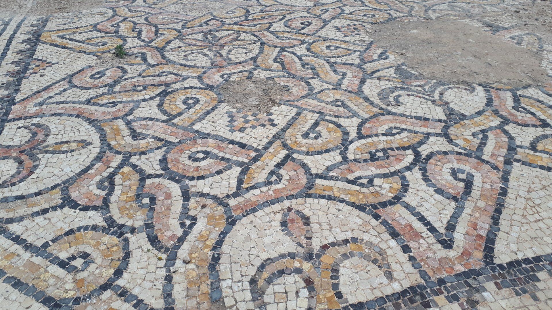 Ancient mosaic floor with intertwined patterns in beige, brown, and black.