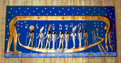 Egyptian boat scene: figures in gold-trimmed vessel on blue, starry background; deities, hieroglyphs, sun disc.