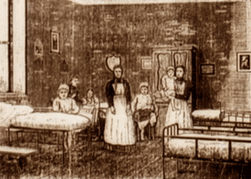 Sepia-toned illustration of a hospital ward with beds, nurses, and children.