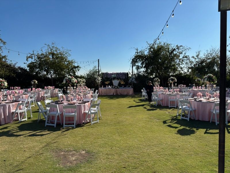 Outdoor lawn reception with pink tablecloths and white chairs under string lights