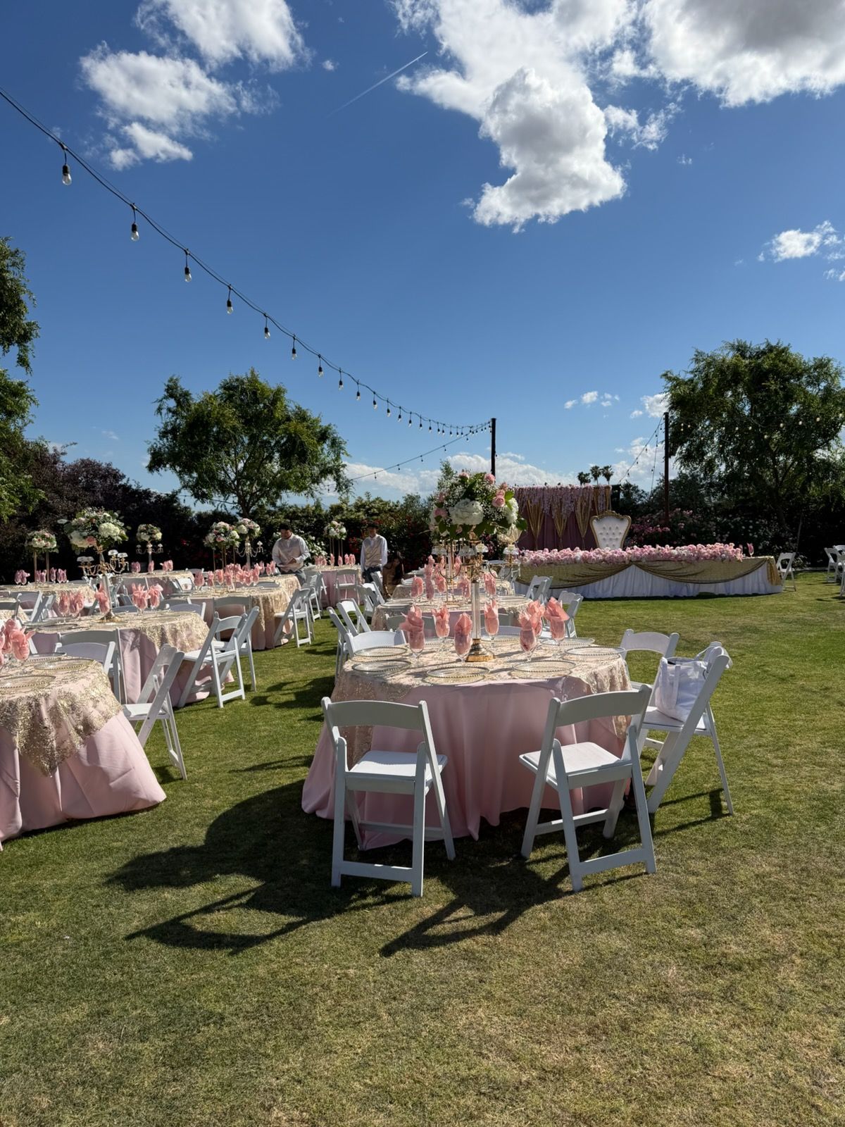 Outdoor reception setup with pink tablecloths and white chairs on a grassy lawn under a blue sky