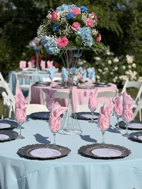Outdoor banquet table with pastel blue tablecloth, pink napkins, black plates, and a floral centerpiece