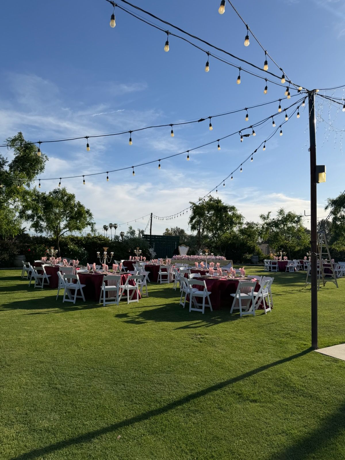 Outdoor event setup with round tables and white chairs on a green lawn under string lights at sunset