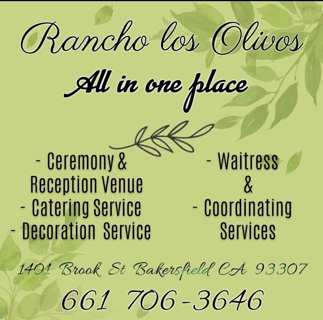 Rancho Los Olivos event venue ad on green background with services, address, and phone number