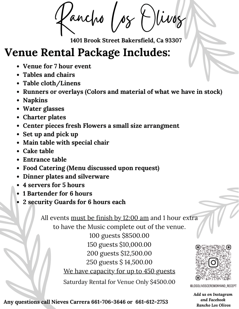 Rancho Los Olivos venue rental package flyer with pricing, amenities, and contact details on a white background