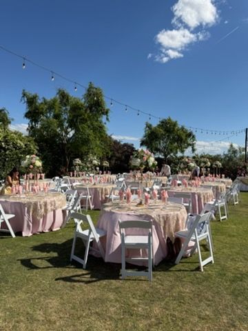 Outdoor event setup with round pink tablecloth tables and white chairs on a grassy lawn under string lights.