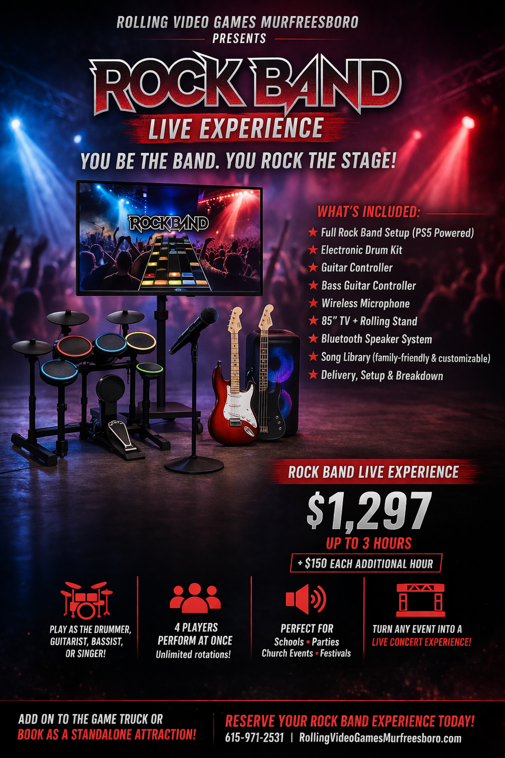 Flyer for Rock Band Live Experience, featuring instruments, equipment, pricing, and contact info in a concert setting.