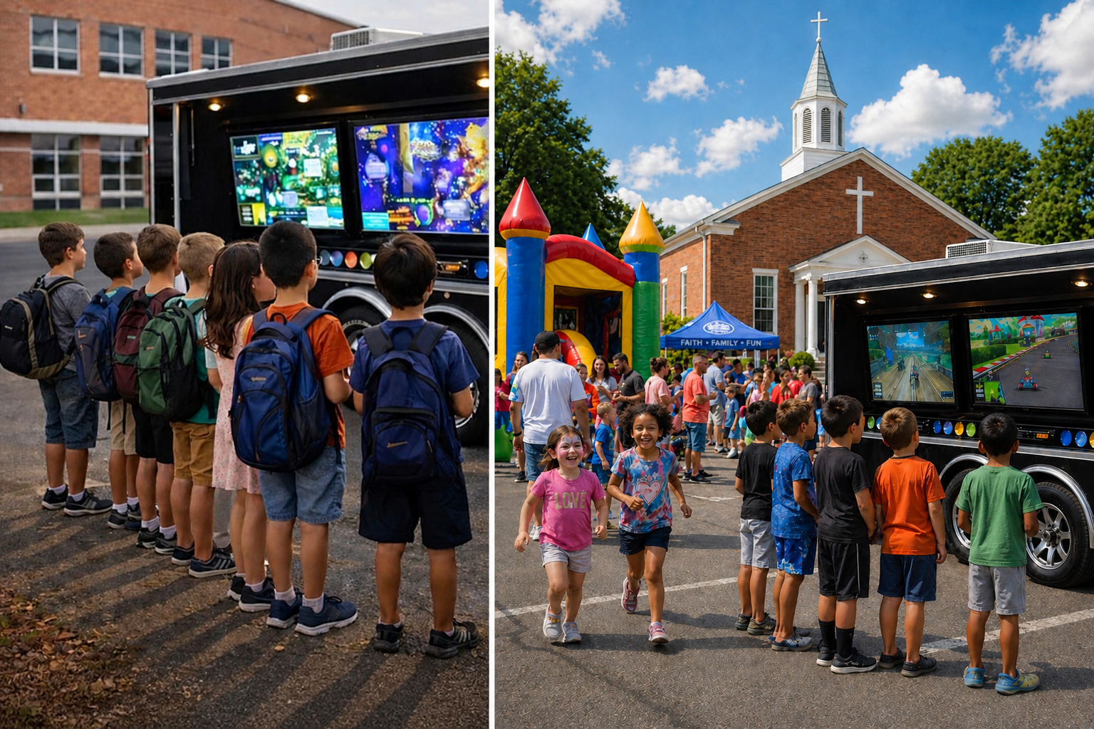 children enjoying gaming entertainment with rolling video games Murfreesboro at school and church events 