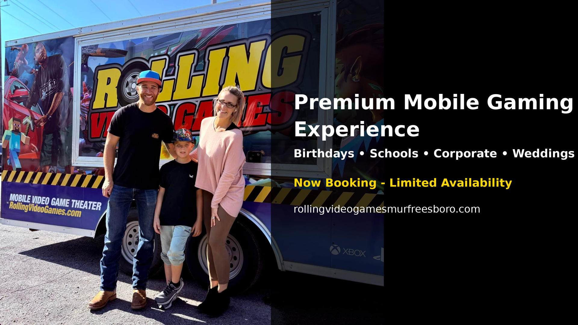 A family stands in front of a Rolling Video Games trailer advertising a premium mobile gaming experience for events.
