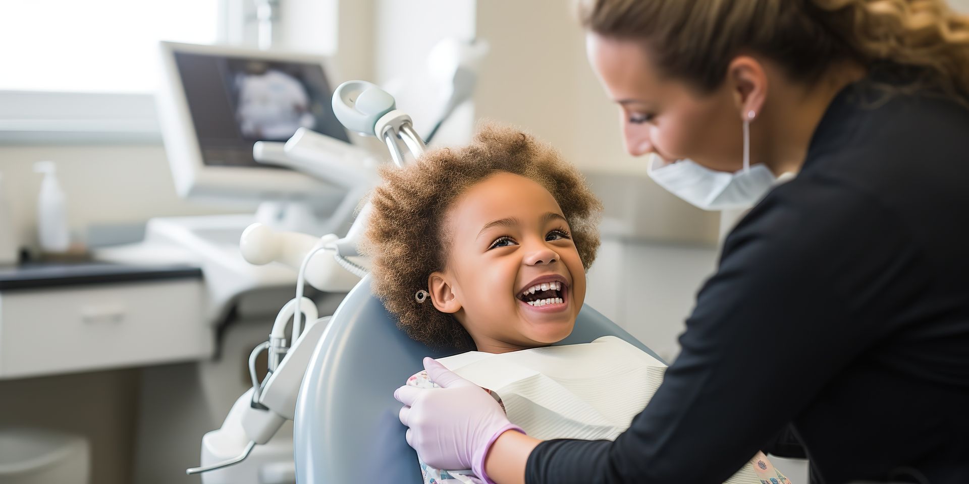 young child sitting in a dentist’s chair with friendly paediatric dentist