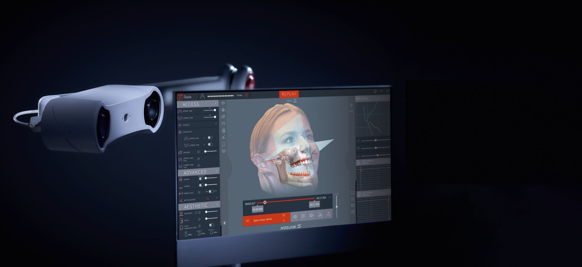 A computer monitor with a picture of a man 's face on it. Monitoring jaw movements.