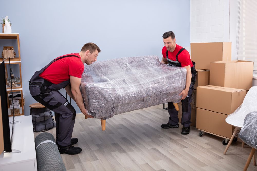 Two Men Are Carrying a Couch Wrapped in Plastic in a Living Room — Bondi Removals and Taxi Trucks In Kensington, NSW