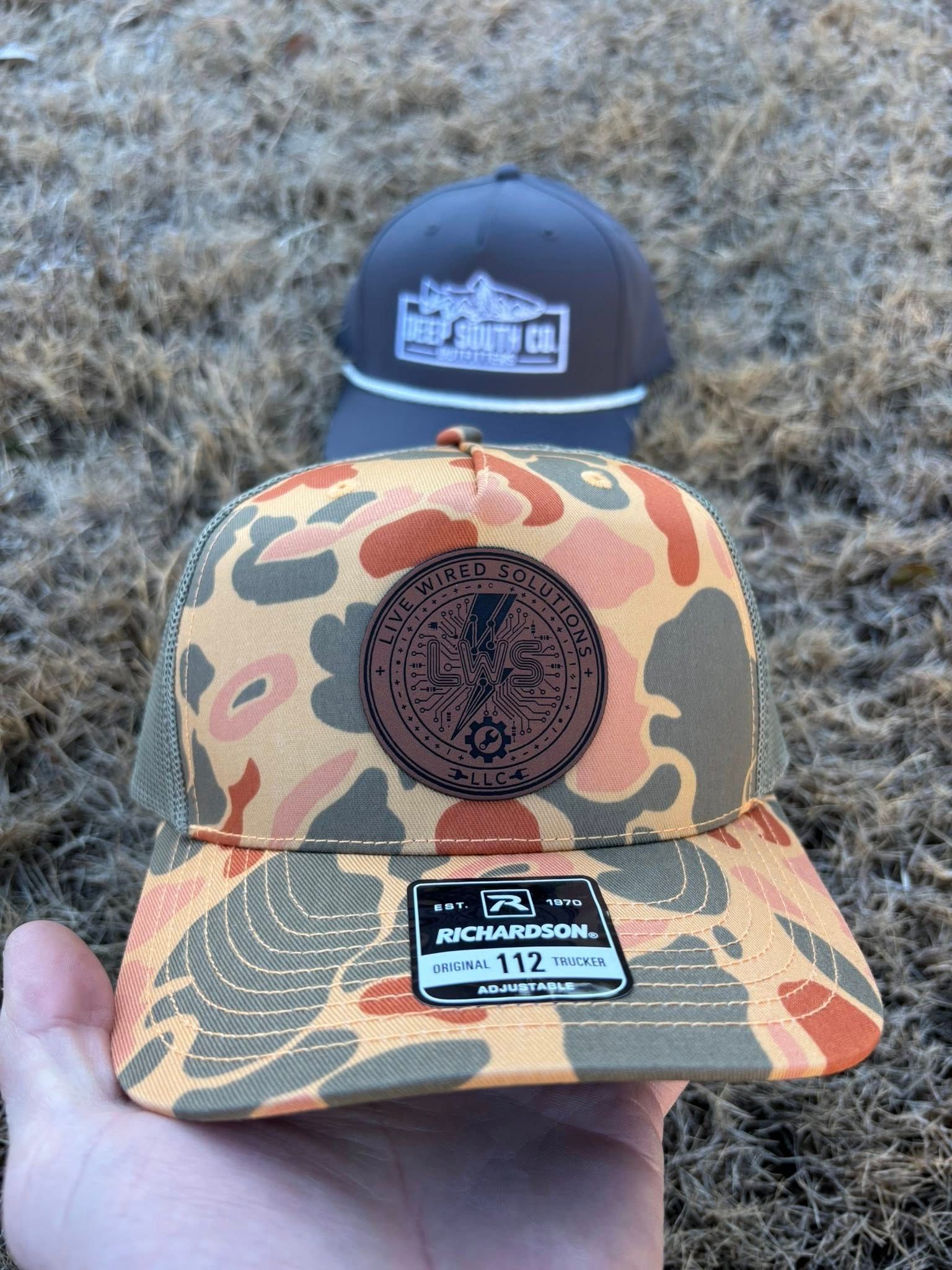 Orange Camo Laser Engraved Leather Patch Hats Big Pine Customs Inc