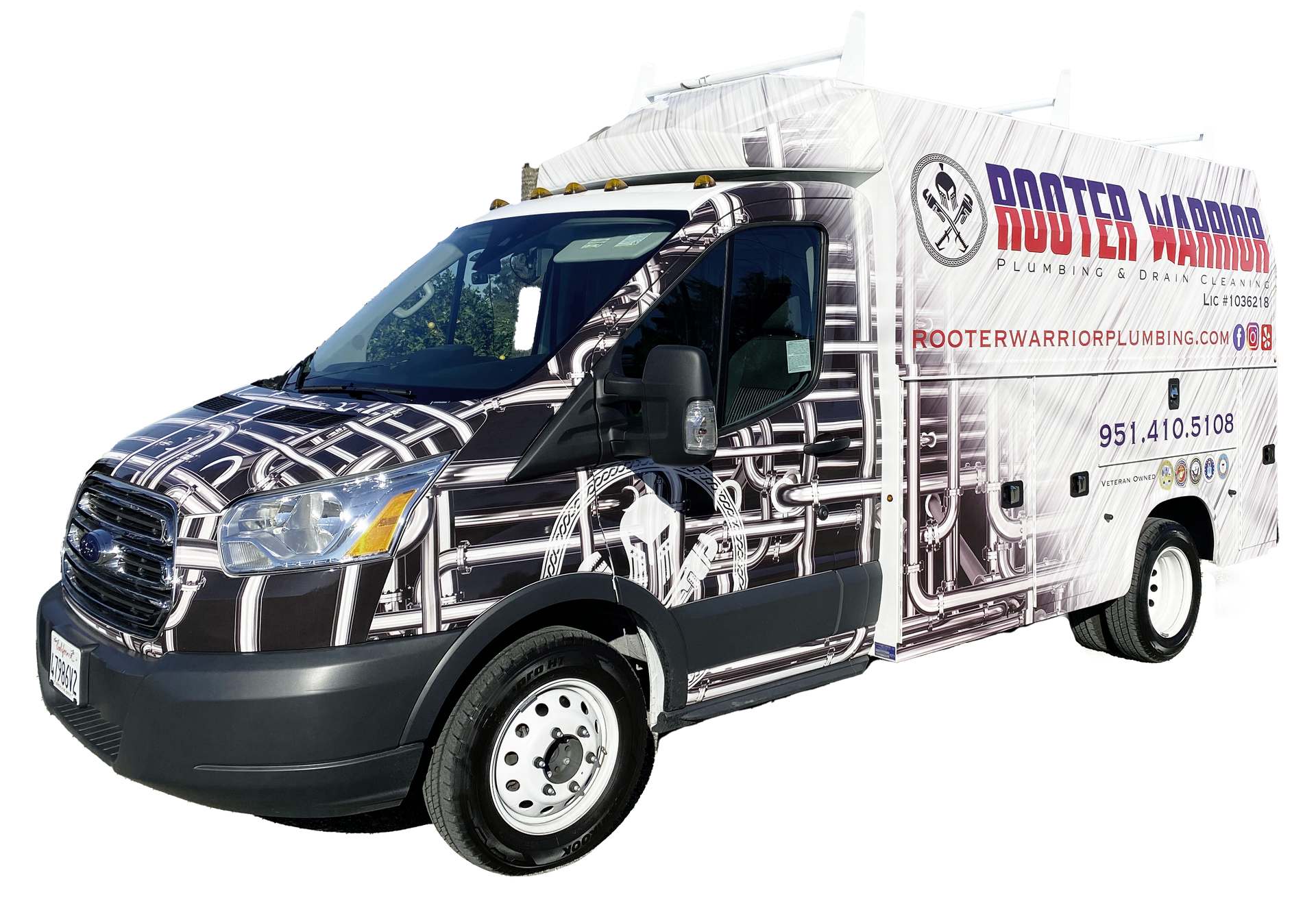 White box truck with black front, wrapped in a red-and-blue company ad on a white background