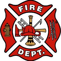 Red fire department emblem with crossed firefighting tools and “FIRE DEPT.” text