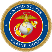 U.S. Marine Corps emblem with gold eagle, globe, and anchor on a blue and red circular seal